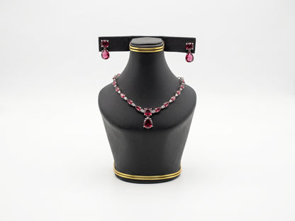 Ruby Red Teardrop & American Diamond silver plated Necklace Set