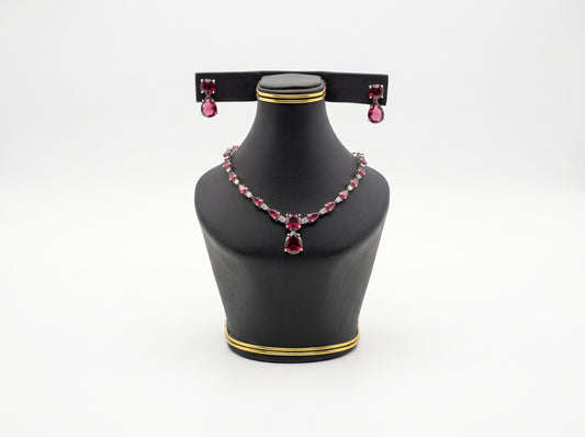 Ruby Red Teardrop & American Diamond silver plated Necklace Set