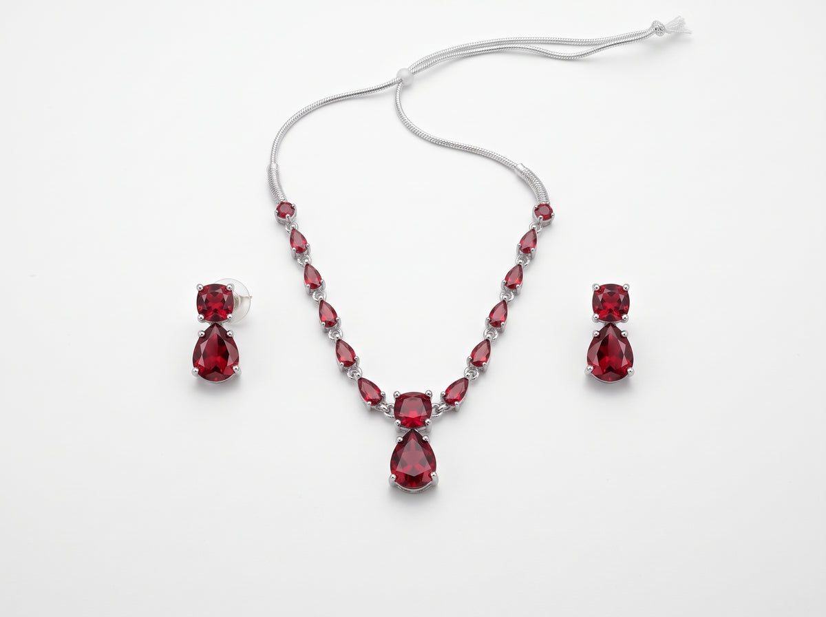 Ruby Red Teardrop & American Diamond silver plated Necklace Set