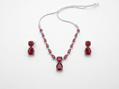 Ruby Red Teardrop & American Diamond silver plated Necklace Set
