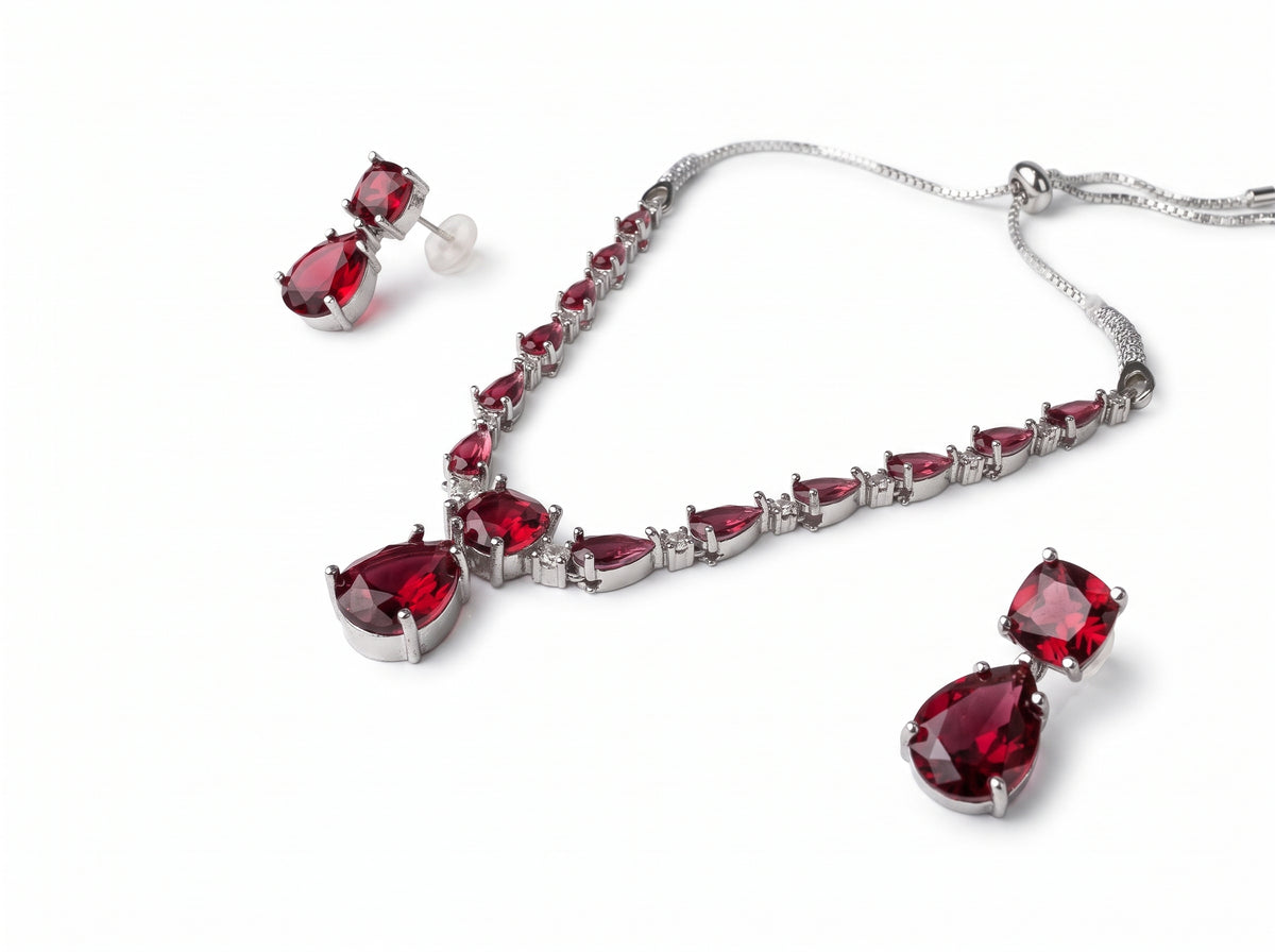 Ruby Red Teardrop & American Diamond silver plated Necklace Set