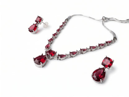Ruby Red Teardrop & American Diamond silver plated Necklace Set