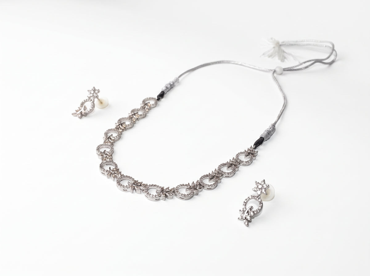 Champagne Leaf & Silver Circle American Diamond silver plated  Necklace