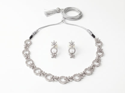 Champagne Leaf & Silver Circle American Diamond silver plated  Necklace