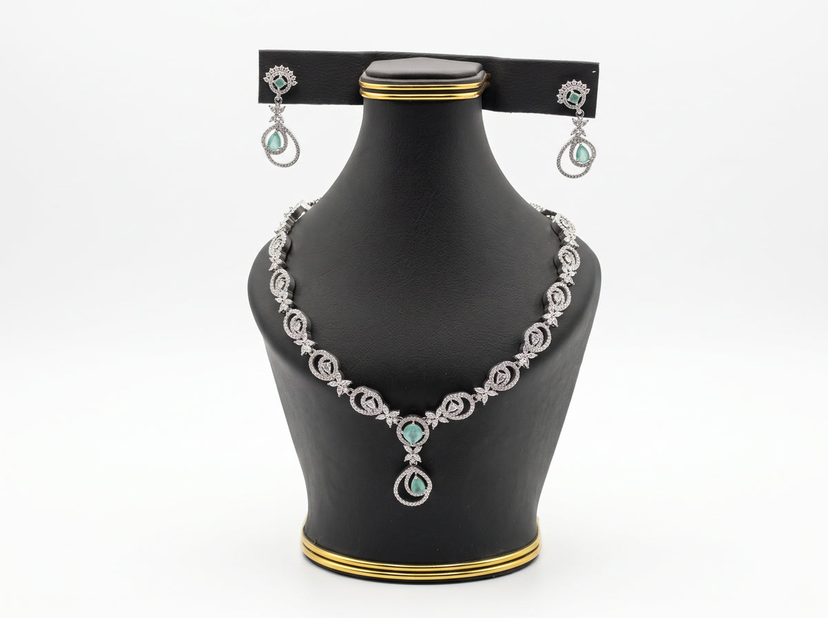 Mint Green Teardrop & Swirl American Diamond silver plated  Necklace Set