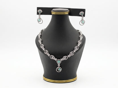Mint Green Teardrop & Swirl American Diamond silver plated  Necklace Set
