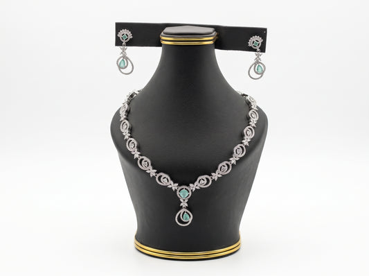 Mint Green Teardrop & Swirl American Diamond silver plated  Necklace Set