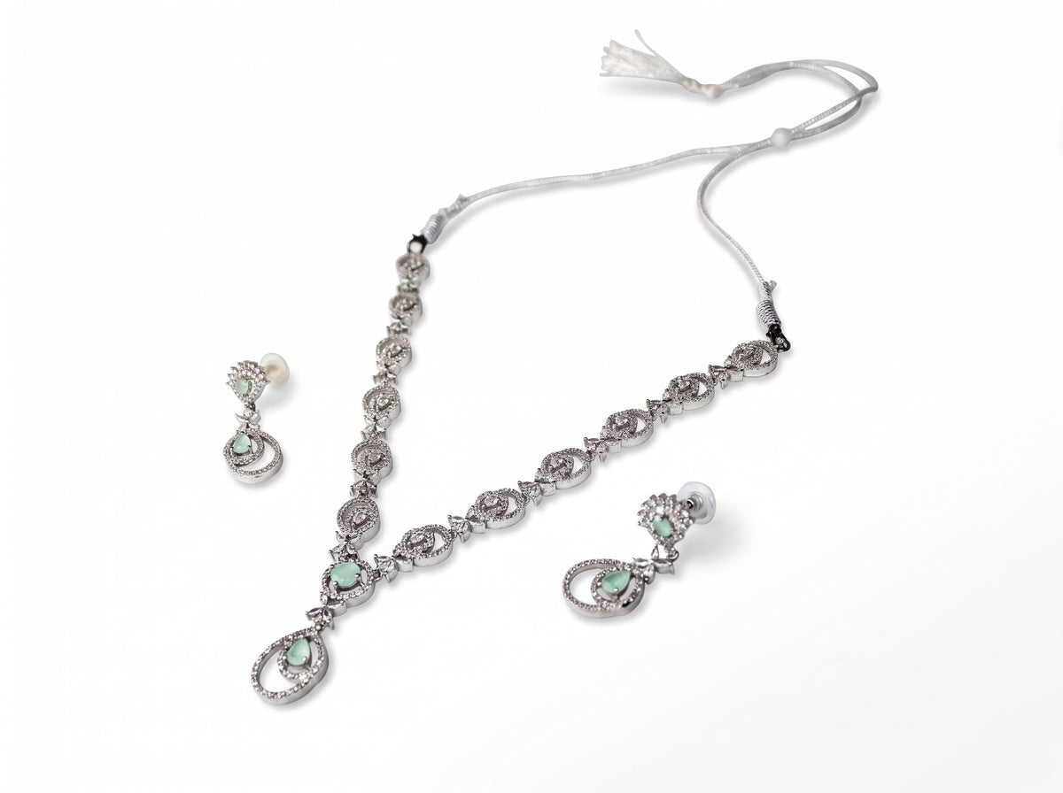 Mint Green Teardrop & Swirl American Diamond silver plated  Necklace Set