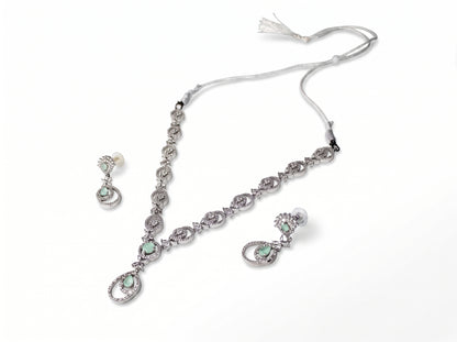 Mint Green Teardrop & Swirl American Diamond silver plated  Necklace Set