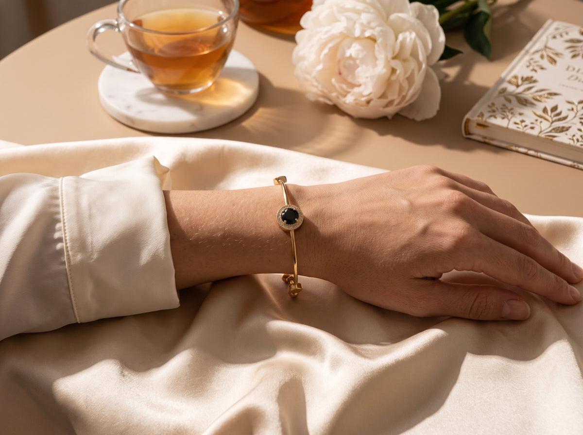 Gold Plated Black Gemstone Adjustable Bracelet