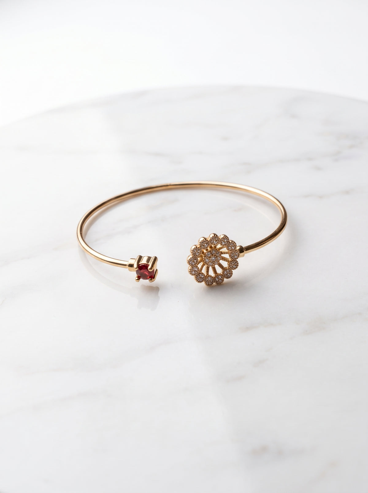Gold Plated Ruby & Zircon Floral Open Cuff Bracelet