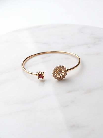 Gold Plated Ruby & Zircon Floral Open Cuff Bracelet