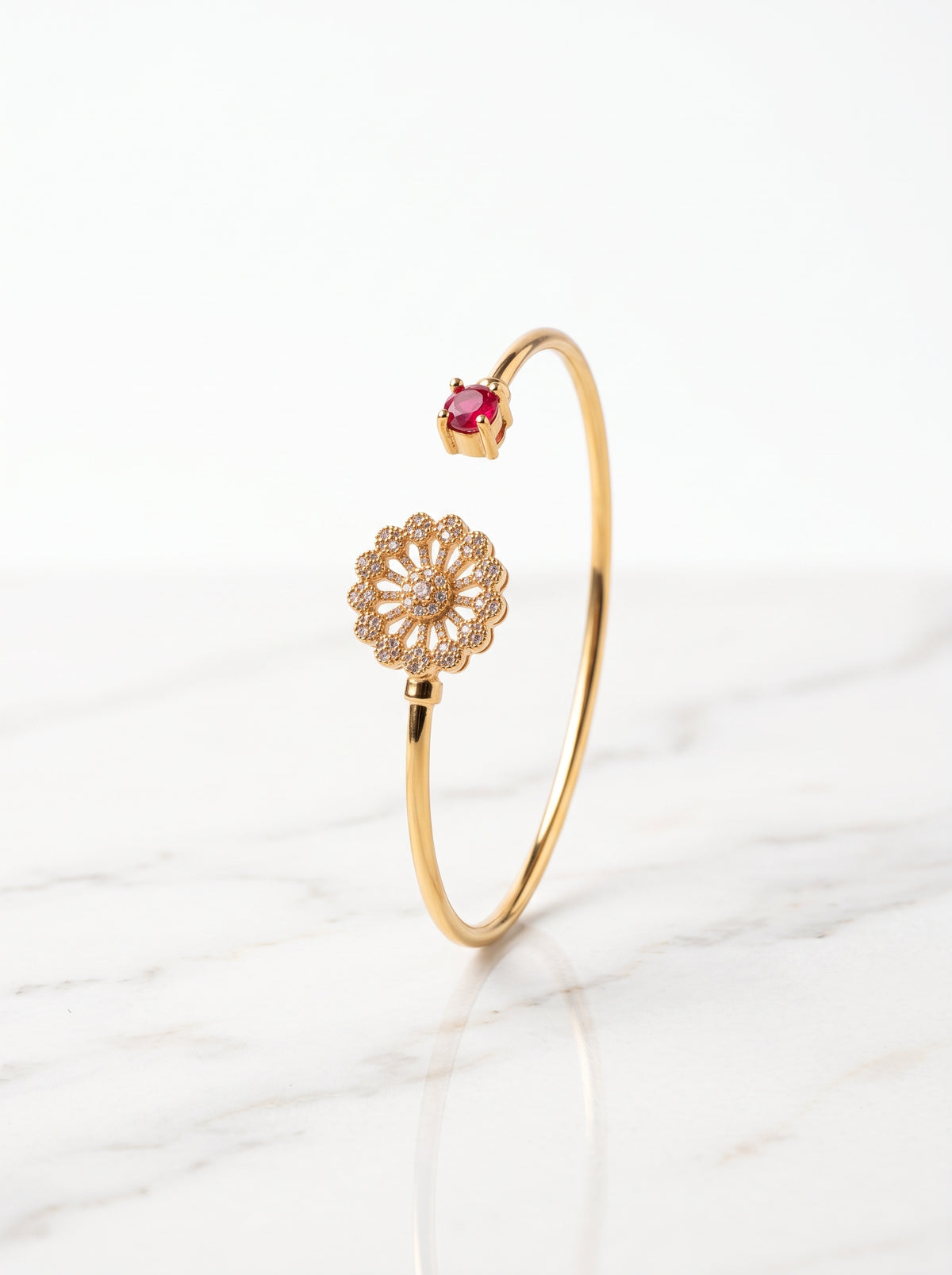 Gold Plated Ruby & Zircon Floral Open Cuff Bracelet