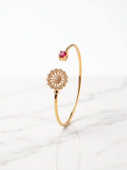 Gold Plated Ruby & Zircon Floral Open Cuff Bracelet