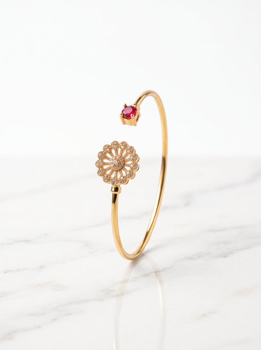 Gold Plated Ruby & Zircon Floral Open Cuff Bracelet