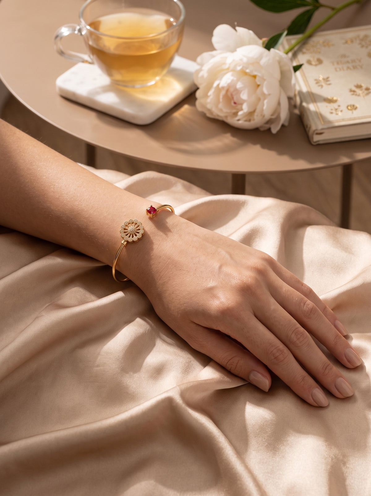 Gold Plated Ruby & Zircon Floral Open Cuff Bracelet