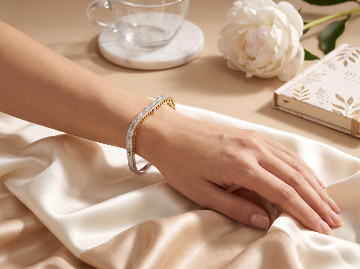 Silver Dual-Tone Square Pavé Zircon Hinged Bracelet