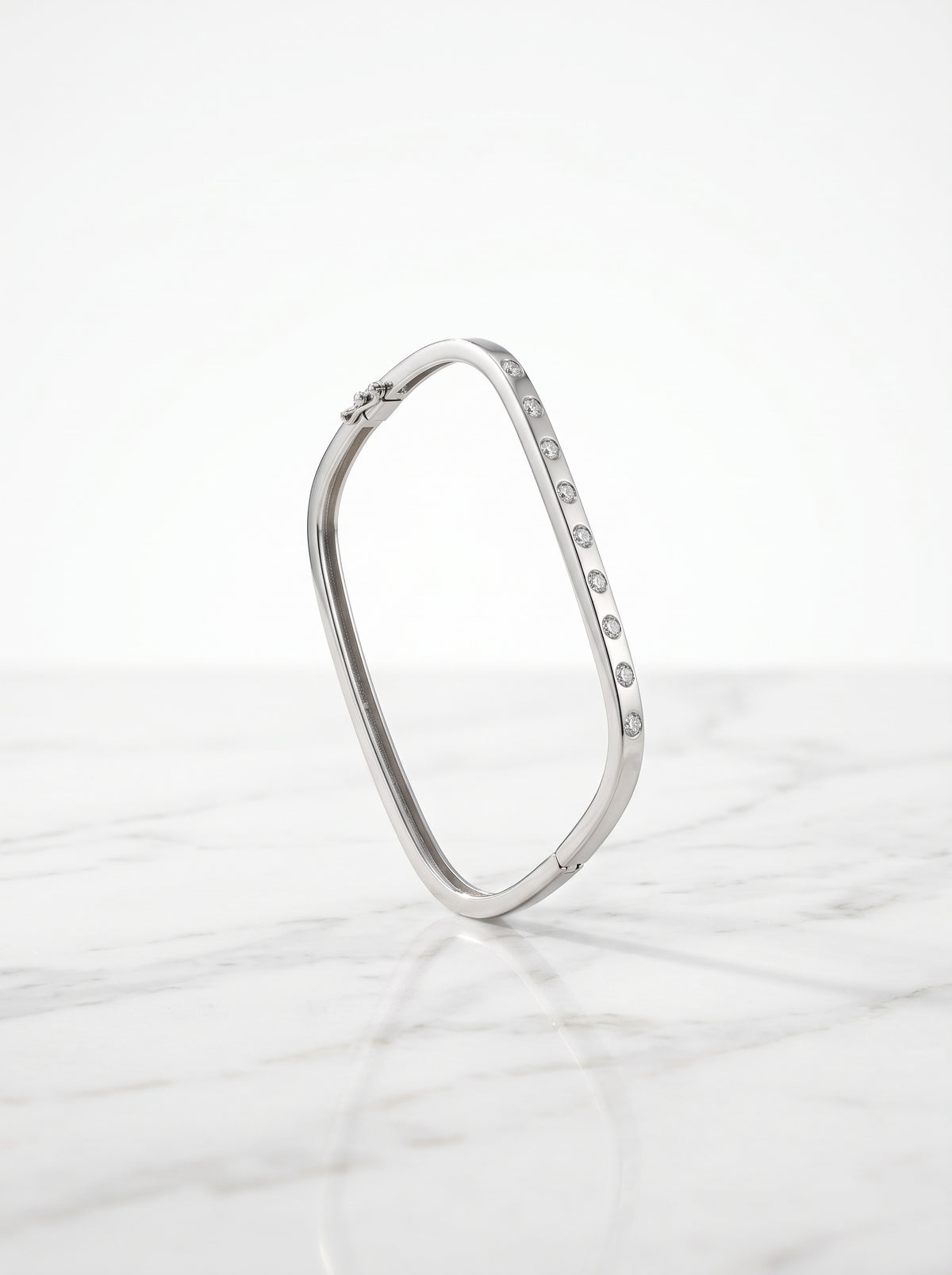 Silver Bezel-Set Zircon Square-Curved Hinged Bracelet