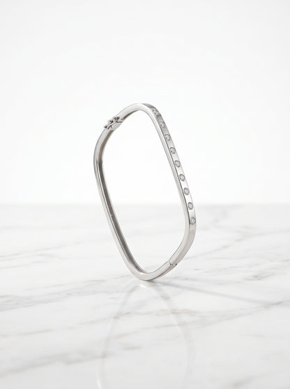 Silver Bezel-Set Zircon Square-Curved Hinged Bracelet