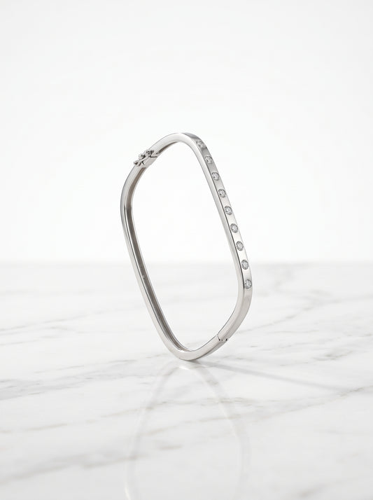 Silver Bezel-Set Zircon Square-Curved Hinged Bracelet