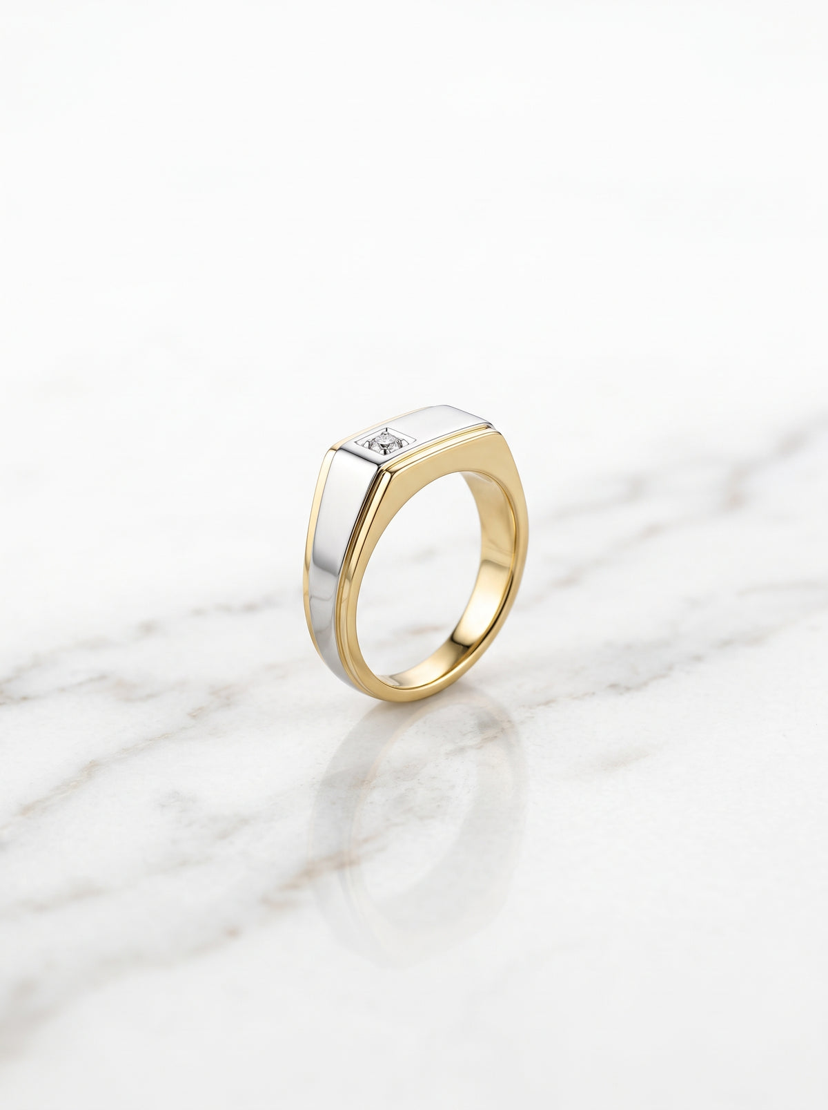 Mens Two-Tone Solitaire Zircon Signet Ring