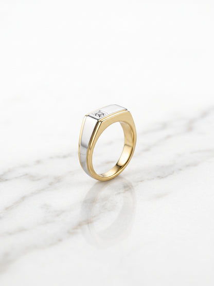 Mens Two-Tone Solitaire Zircon Signet Ring