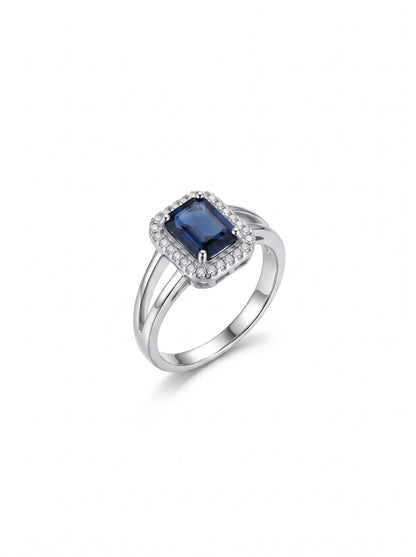 Silver plated Princess-Cut Blue Zircon Halo Split-Shank Ring