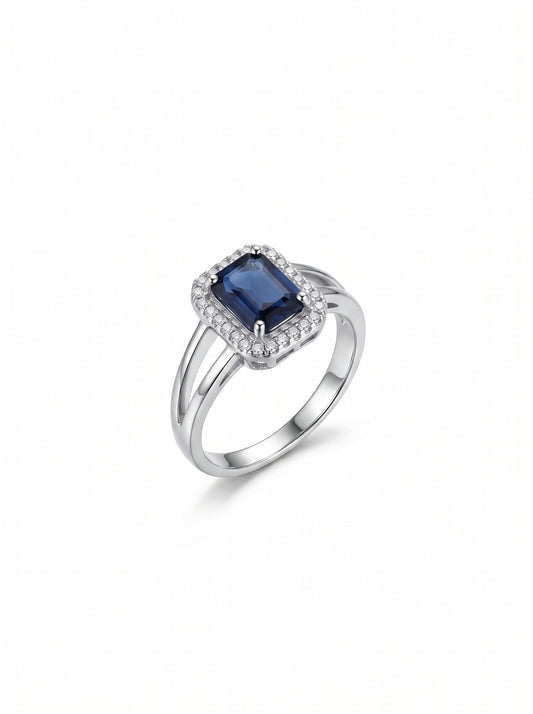 Silver plated Princess-Cut Blue Zircon Halo Split-Shank Ring