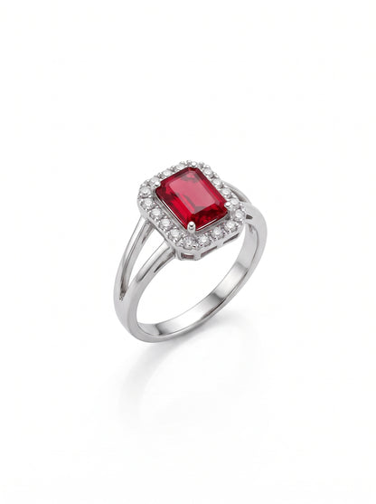 Silver Emerald-Cut Ruby Zircon Halo Split-Shank Ring