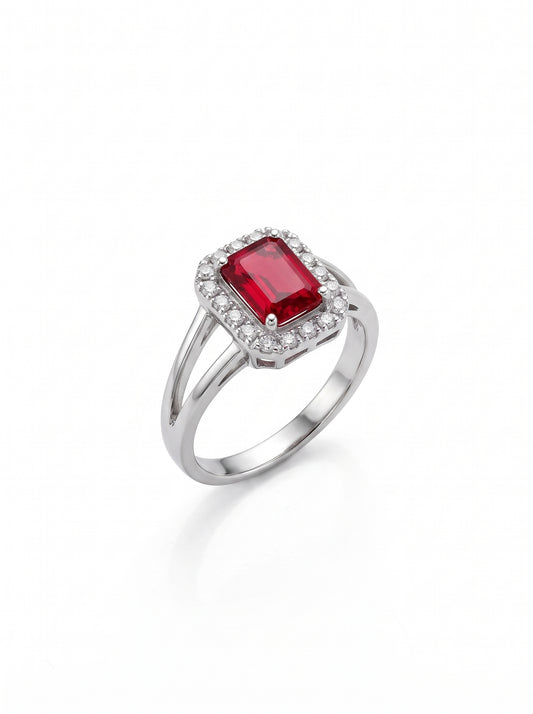 Silver Emerald-Cut Ruby Zircon Halo Split-Shank Ring