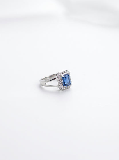 Silver plated Princess-Cut Blue Zircon Halo Split-Shank Ring