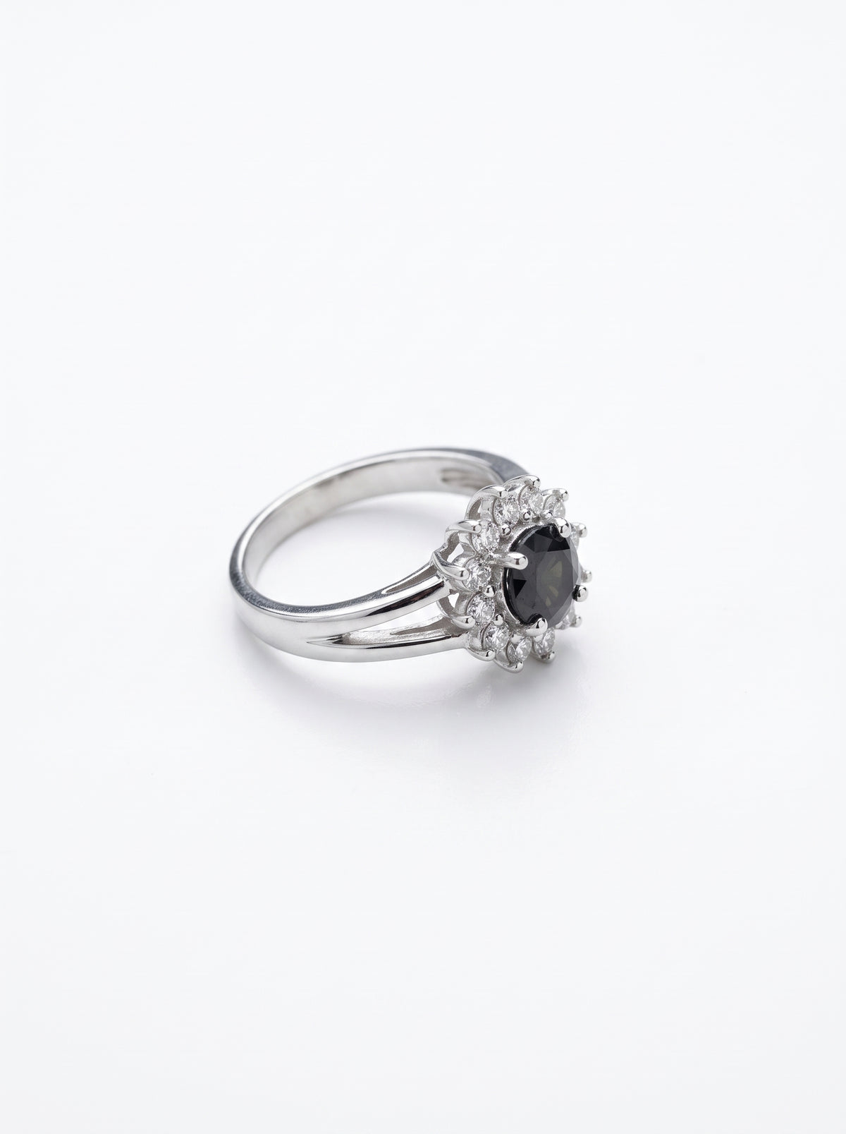 Silver Black Gemstone Floral Zircon Sunburst Halo Split-Shank Ring