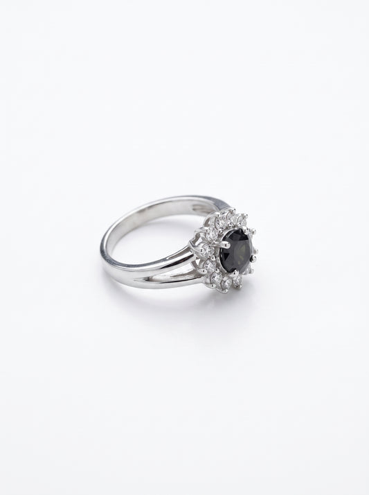 Silver Black Gemstone Floral Zircon Sunburst Halo Split-Shank Ring