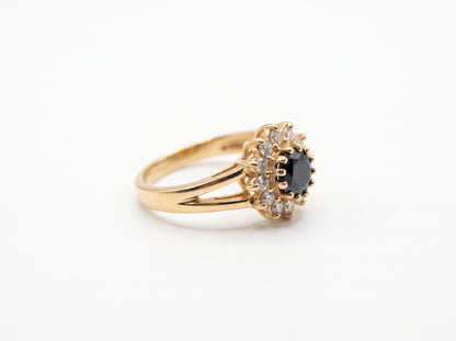 Gold Black Gemstone Floral Zircon Halo Split-Shank Ring