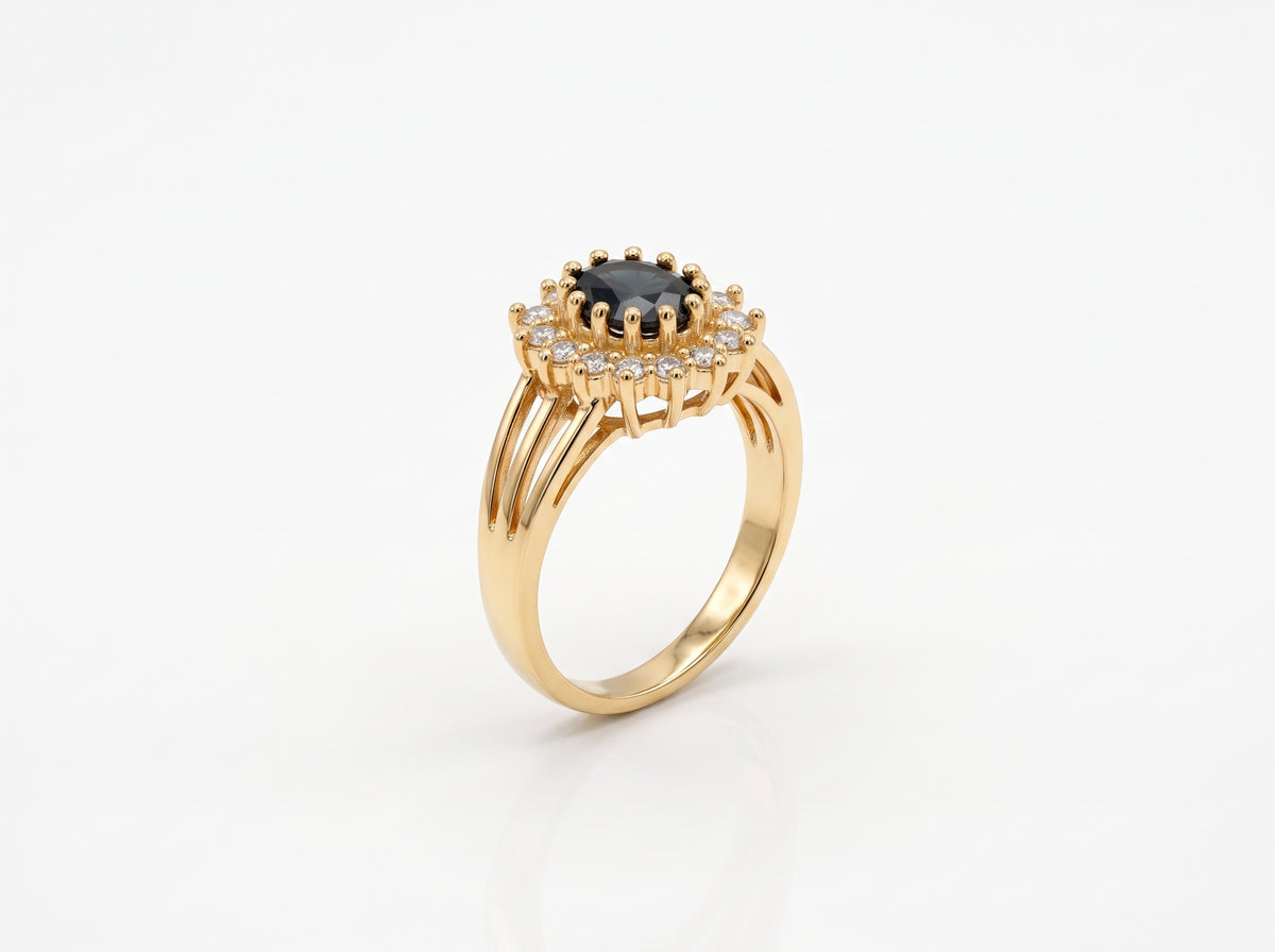 Gold Black Gemstone Floral Zircon Halo Split-Shank Ring