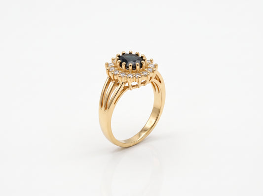 Gold Black Gemstone Floral Zircon Halo Split-Shank Ring