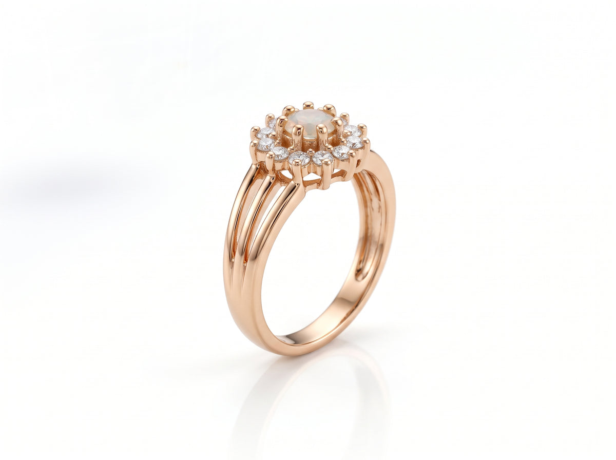 Rose Gold Opal-Style Floral Zircon Halo Split-Shank Ring