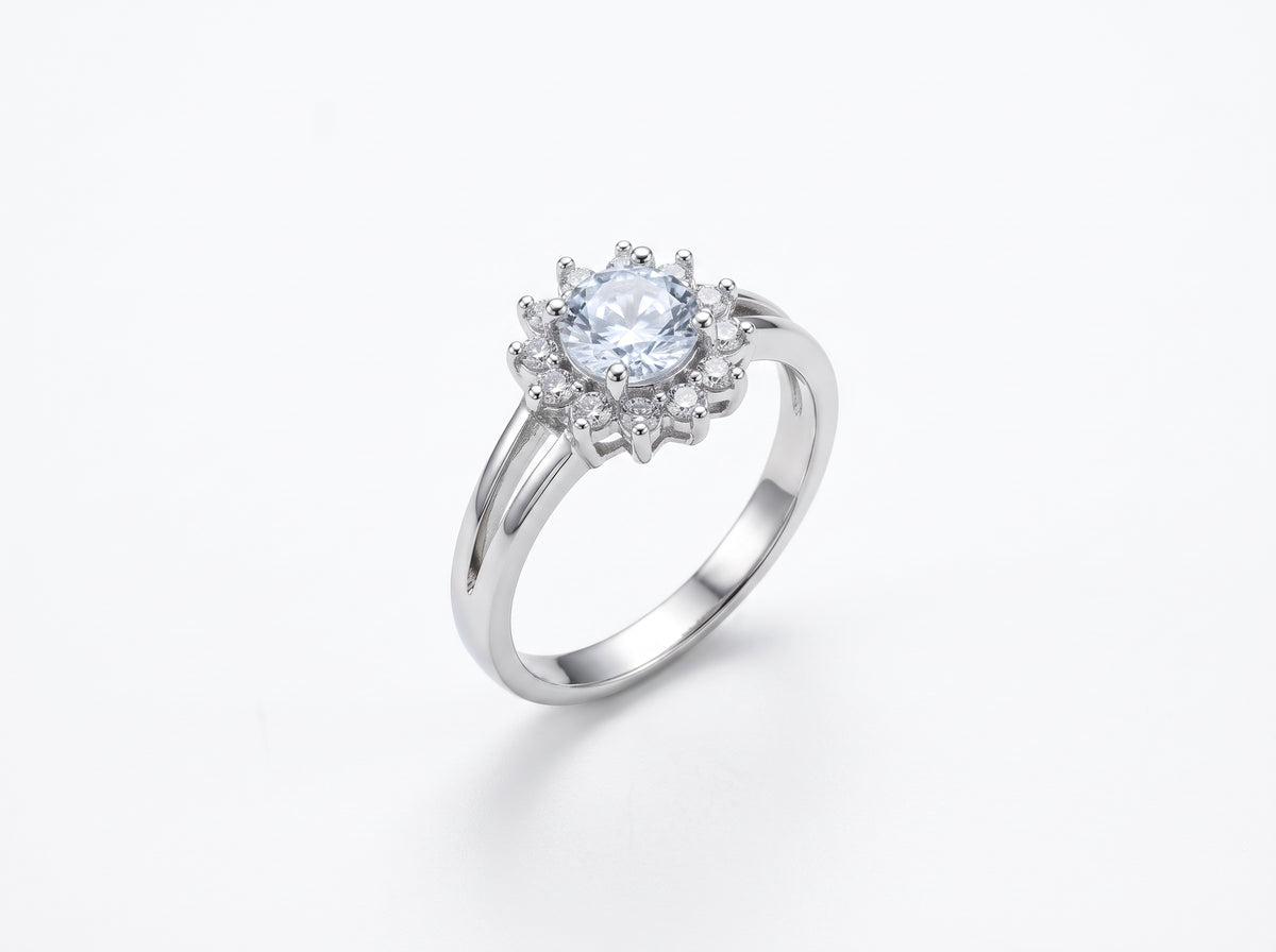 Silver plated Floral Solitaire Zircon Sunburst Halo Split-Shank Ring