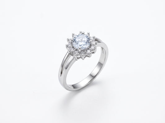 Silver plated Floral Solitaire Zircon Sunburst Halo Split-Shank Ring
