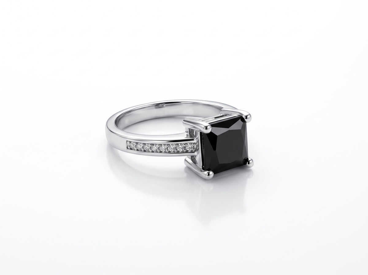 Silver Princess-Cut Black Gemstone Pavé Band Ring