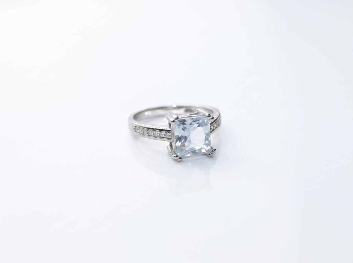 Silver Princess-Cut Aquamarine Zircon Pavé Band Ring