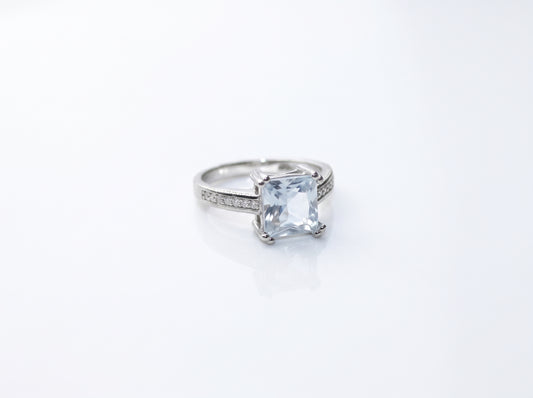 Silver Princess-Cut Aquamarine Zircon Pavé Band Ring