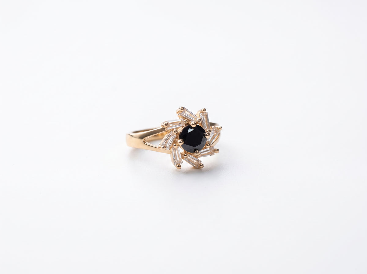 Gold Black Gemstone Baguette Sunburst Halo Split-Shank Ring