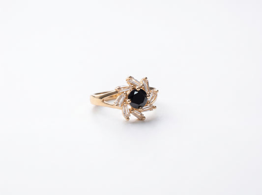 Gold Black Gemstone Baguette Sunburst Halo Split-Shank Ring