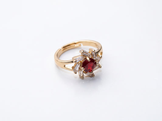 Gold Ruby Red Baguette Sunburst Halo Split-Shank Ring
