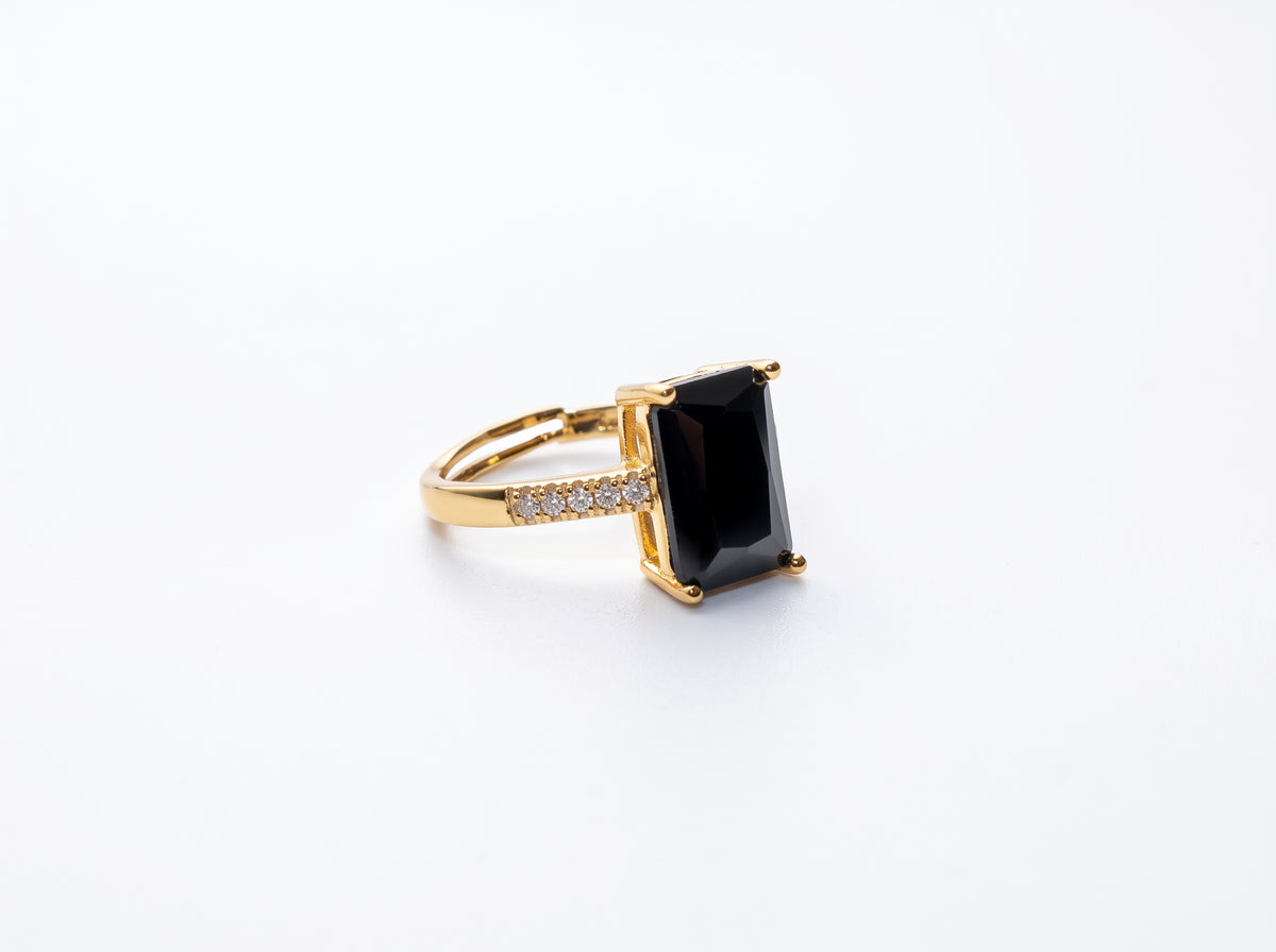 Gold Emerald-Cut Black Gemstone Pavé Band Ring