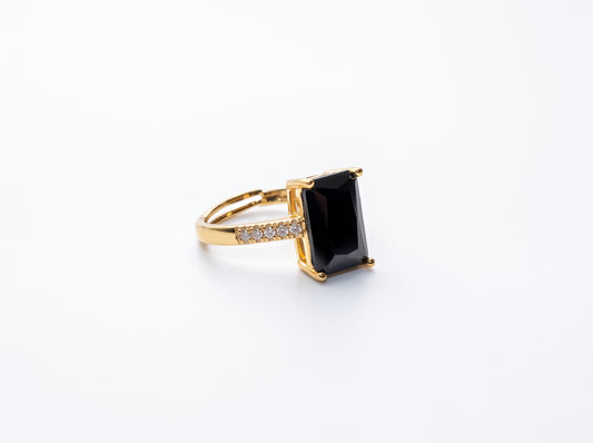 Gold Emerald-Cut Black Gemstone Pavé Band Ring