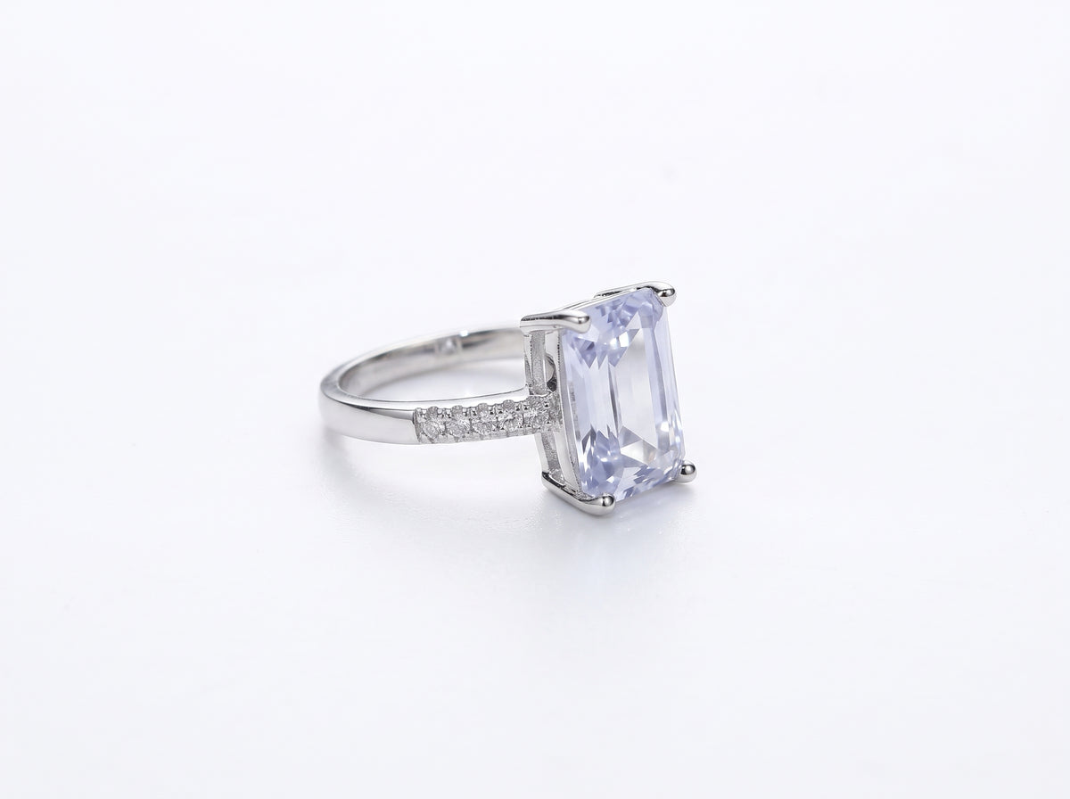 Silver Emerald-Cut Lavender Zircon Pavé Band Ring