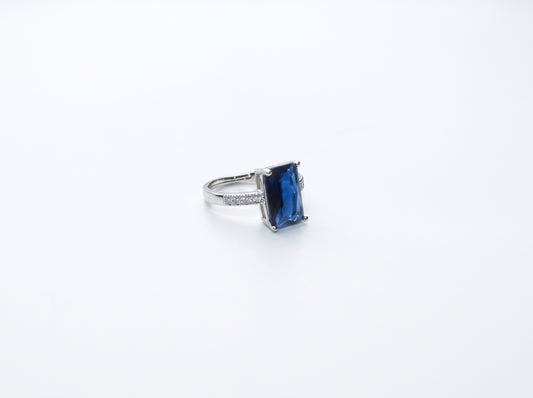Silver Emerald-Cut Sapphire Blue Zircon Pavé Band Ring