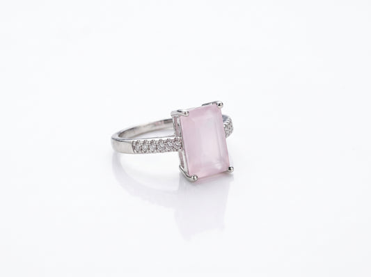 Silver Emerald-Cut Blush Pink Zircon Pavé Band Ring